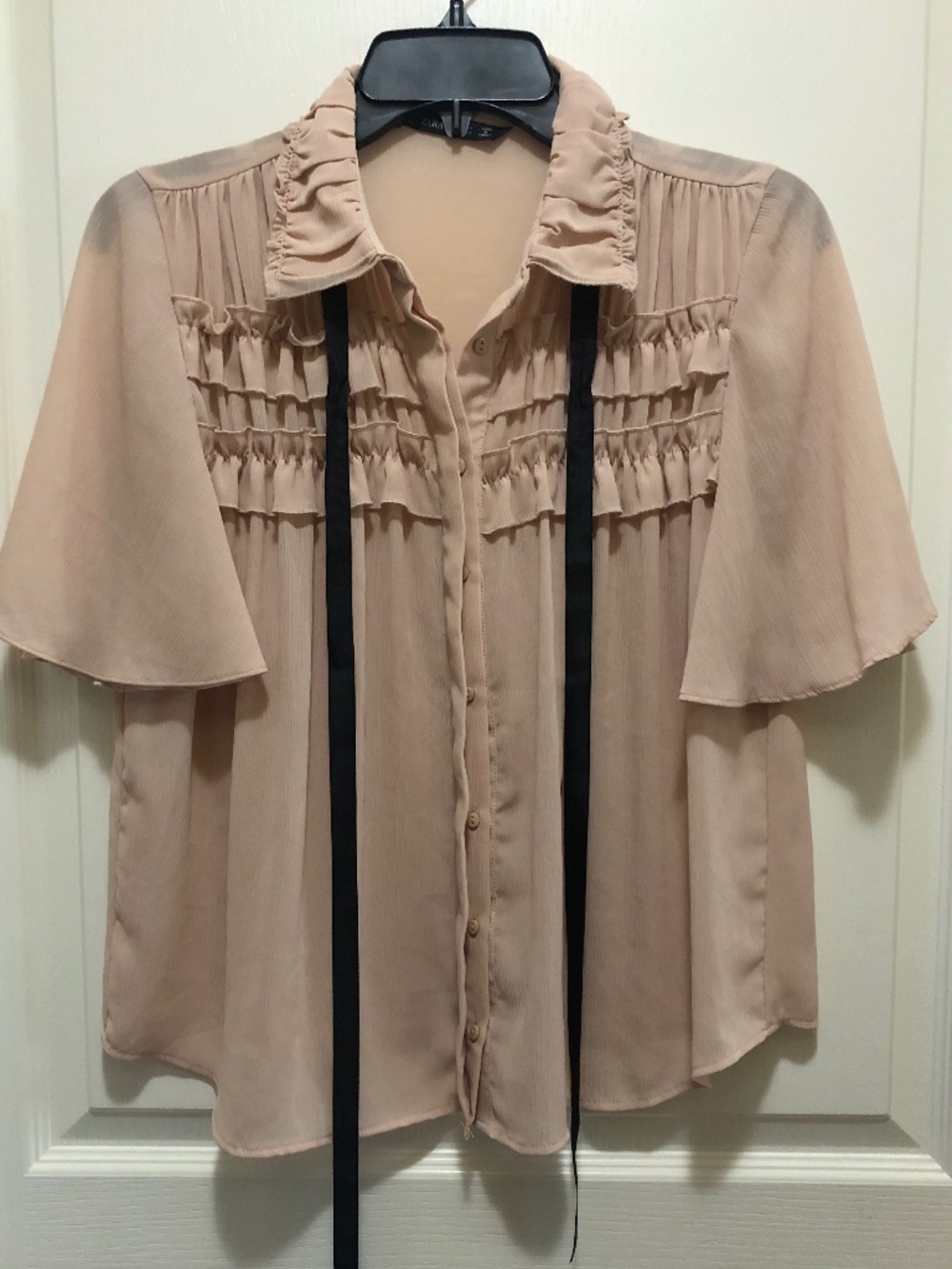 Zara Small peach sheer ruffle romantic blouse button front short sleeve